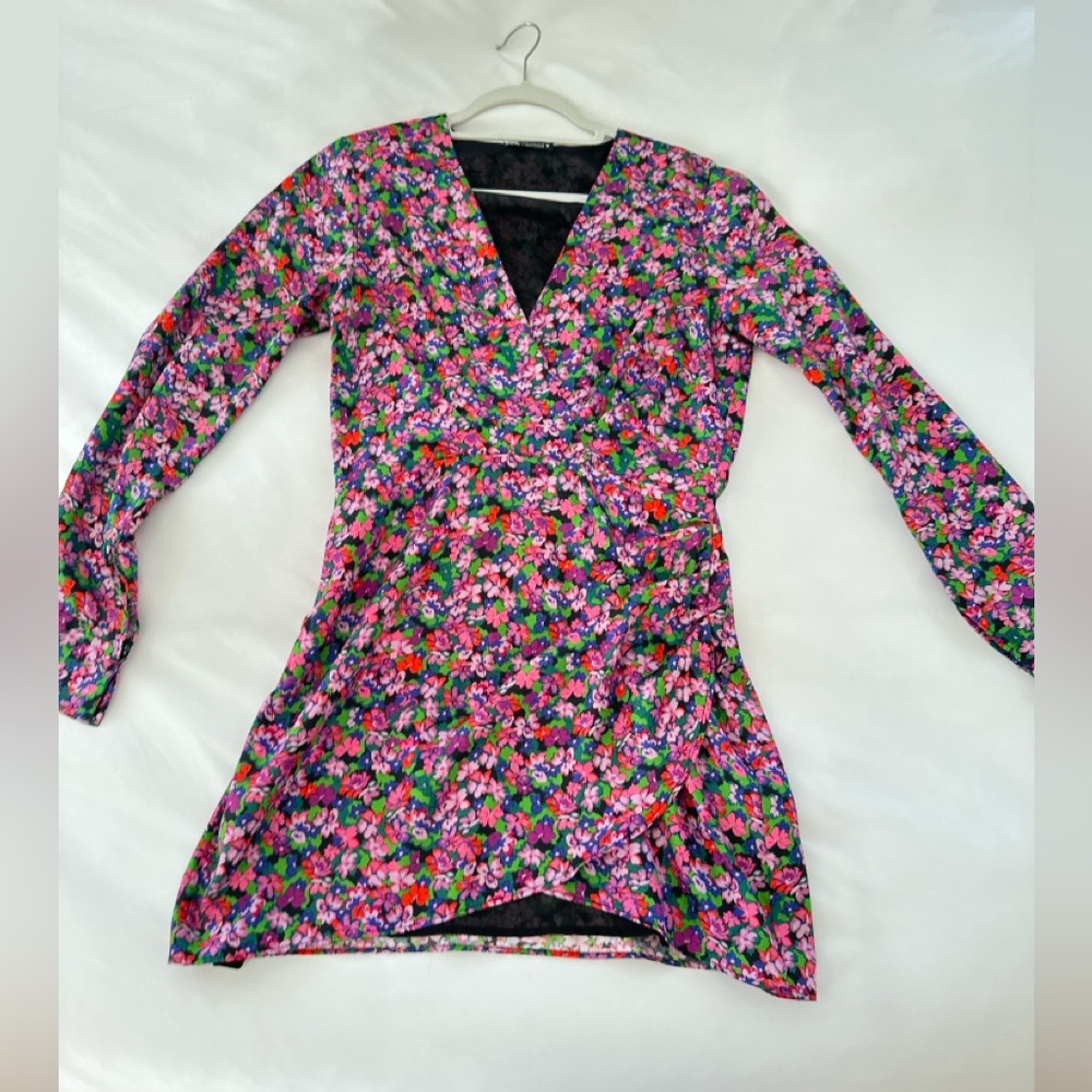 Zara Wrap Front Pink and Blue MiniDress with Long Sleeves Side Zip - Picture 5 of 12